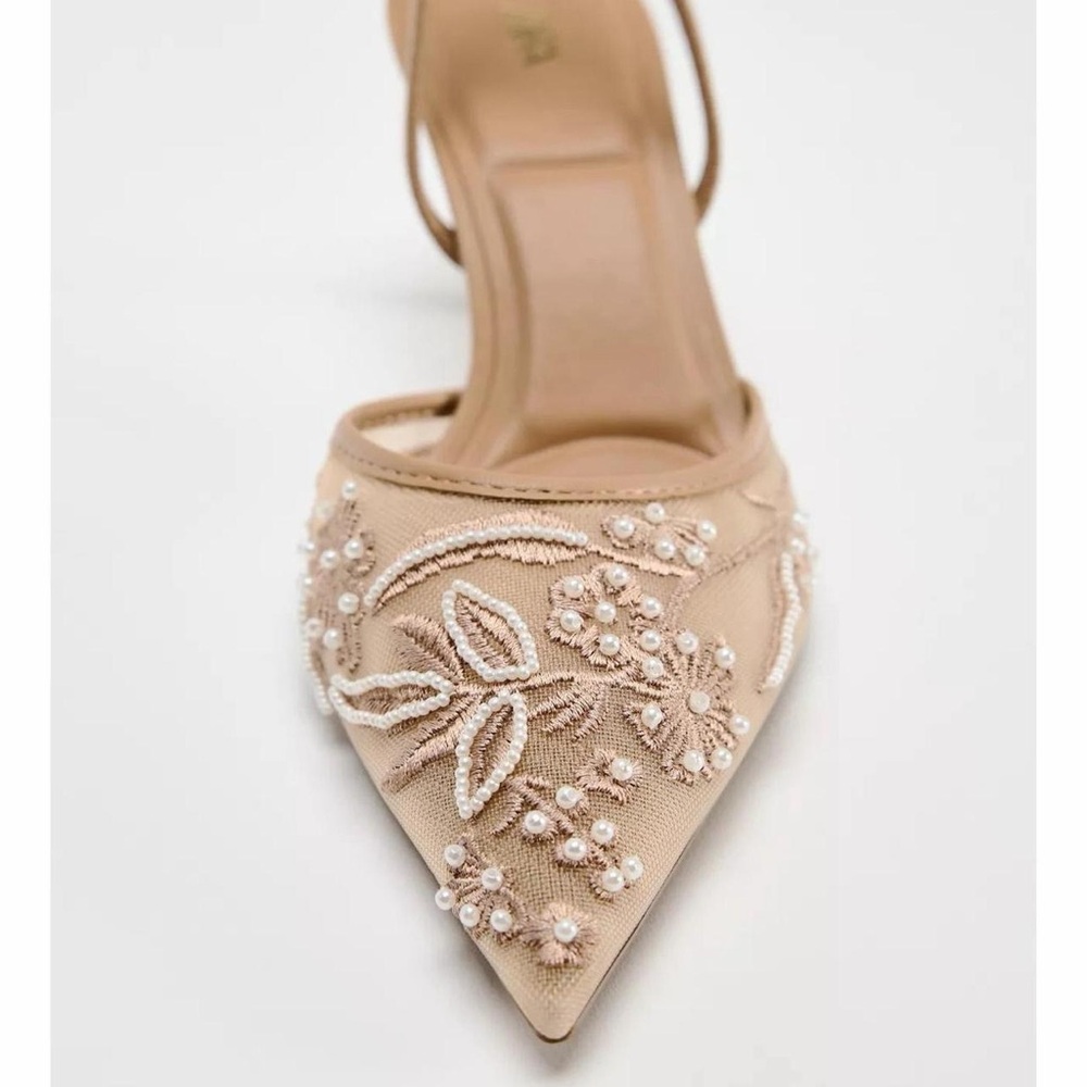 Zara Tan Floral Slingback Heels - Picture 2 of 6